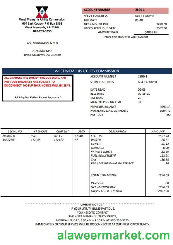 USA Arkansas West Memphis utility bill template in Word and PDF format
